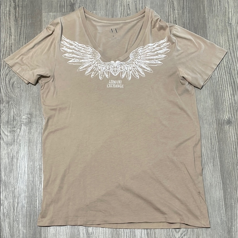 Armani Exchange Beige Tee with White Wing Graphic